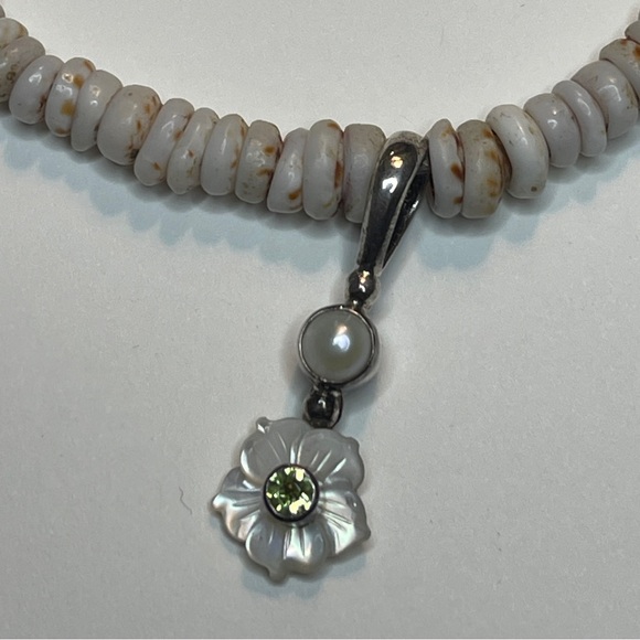 VINTAGE SHELL HEISHI Beads sterling silver flower Pendant NECKLACE vintage pearl - Picture 14 of 16